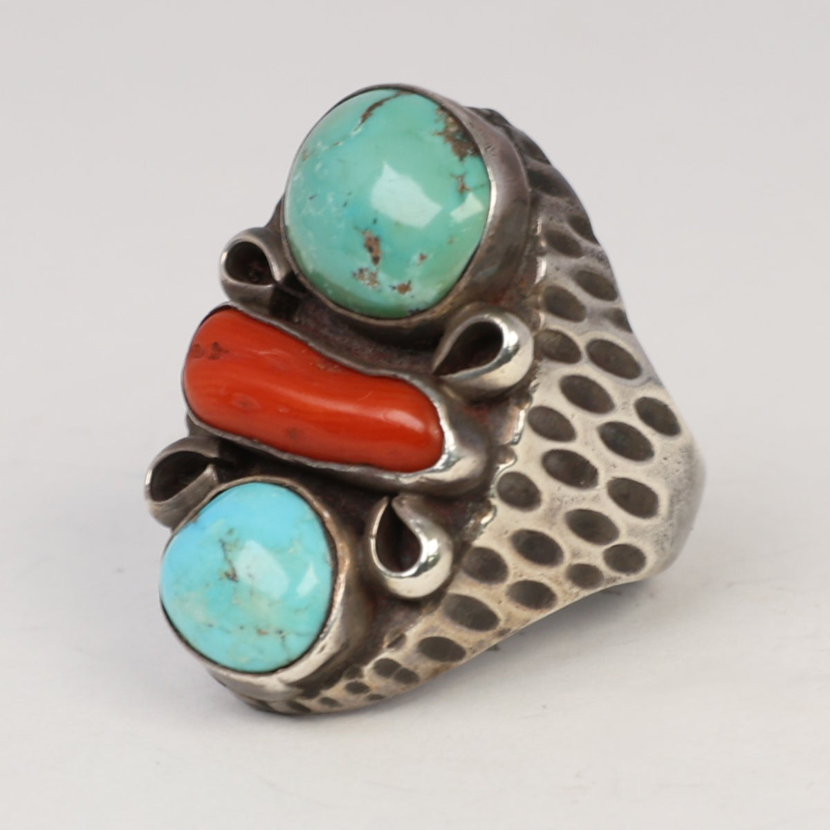 Navajo Sterling Silver Ring With Turquoise and Coral Settings