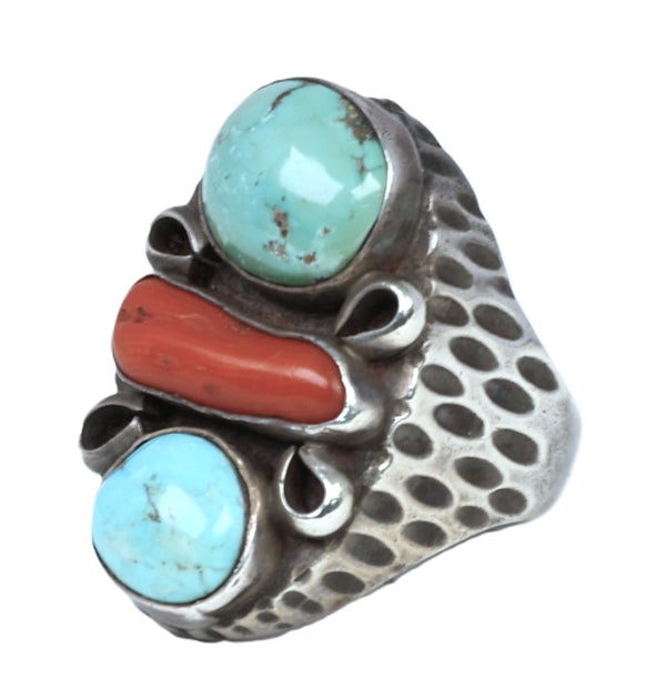 Navajo Sterling Silver With Turquoise and Coral Ring