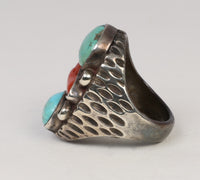 Navajo Sterling Silver Ring With Turquoise and Coral Settings
