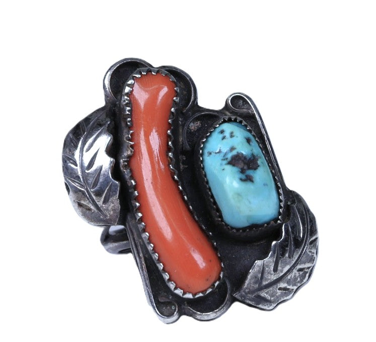 Navajo Sterling Silver with Turquoise and Coral Ring