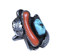 Navajo Sterling Silver with Turquoise and Coral Ring