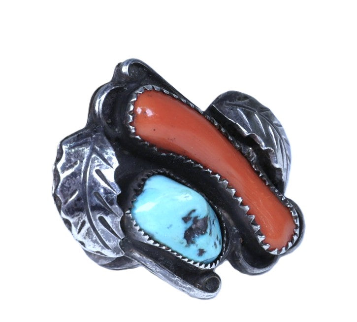 Navajo Sterling Silver with Turquoise and Coral Ring
