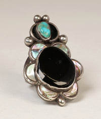 Navajo Sterling Silver Ring with Turquoise Jet and Mother of Pearl