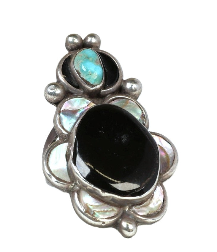 Navajo Sterling Silver with Turquoise Jet and Mother of Pearl Ring
