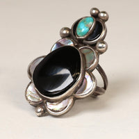 Navajo Sterling Silver Ring with Turquoise Jet and Mother of Pearl