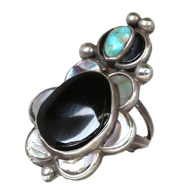 Navajo Sterling Silver with Turquoise Jet and Mother of Pearl Ring