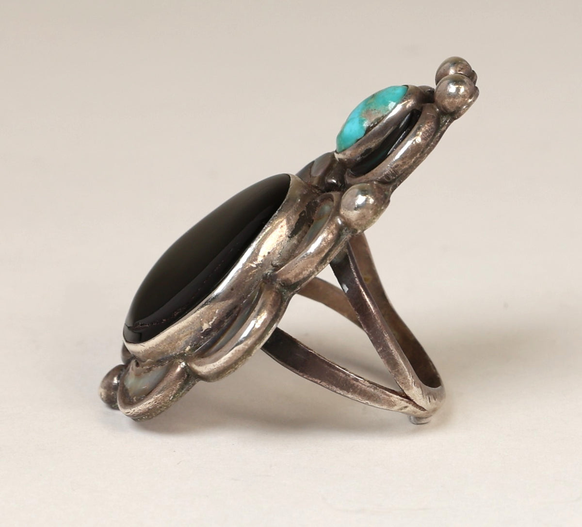 Navajo Sterling Silver Ring with Turquoise Jet and Mother of Pearl