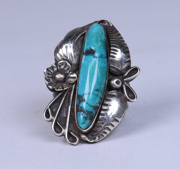 Navajo Sterling Silver Ring with Long Oval Turquoise Setting