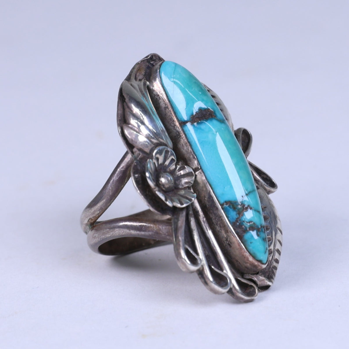 Navajo Sterling Silver Ring with Long Oval Turquoise Setting