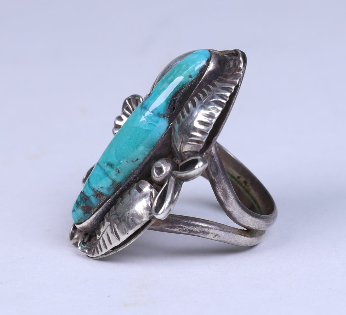Navajo Sterling Silver Ring with Long Oval Turquoise Setting