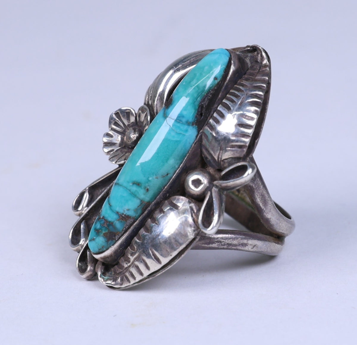 Navajo Sterling Silver Ring with Long Oval Turquoise Setting