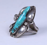 Navajo Sterling Silver Ring with Long Oval Turquoise Setting