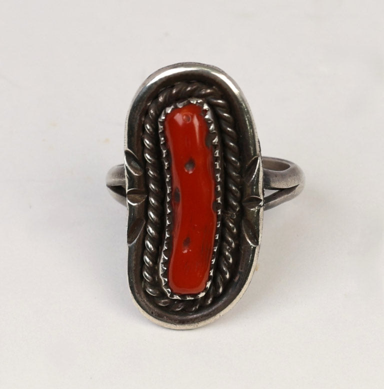 Navajo Sterling Silver Ring with 1 Long Oval Coral Setting