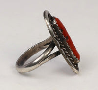 Navajo Sterling Silver Ring with 1 Long Oval Coral Setting
