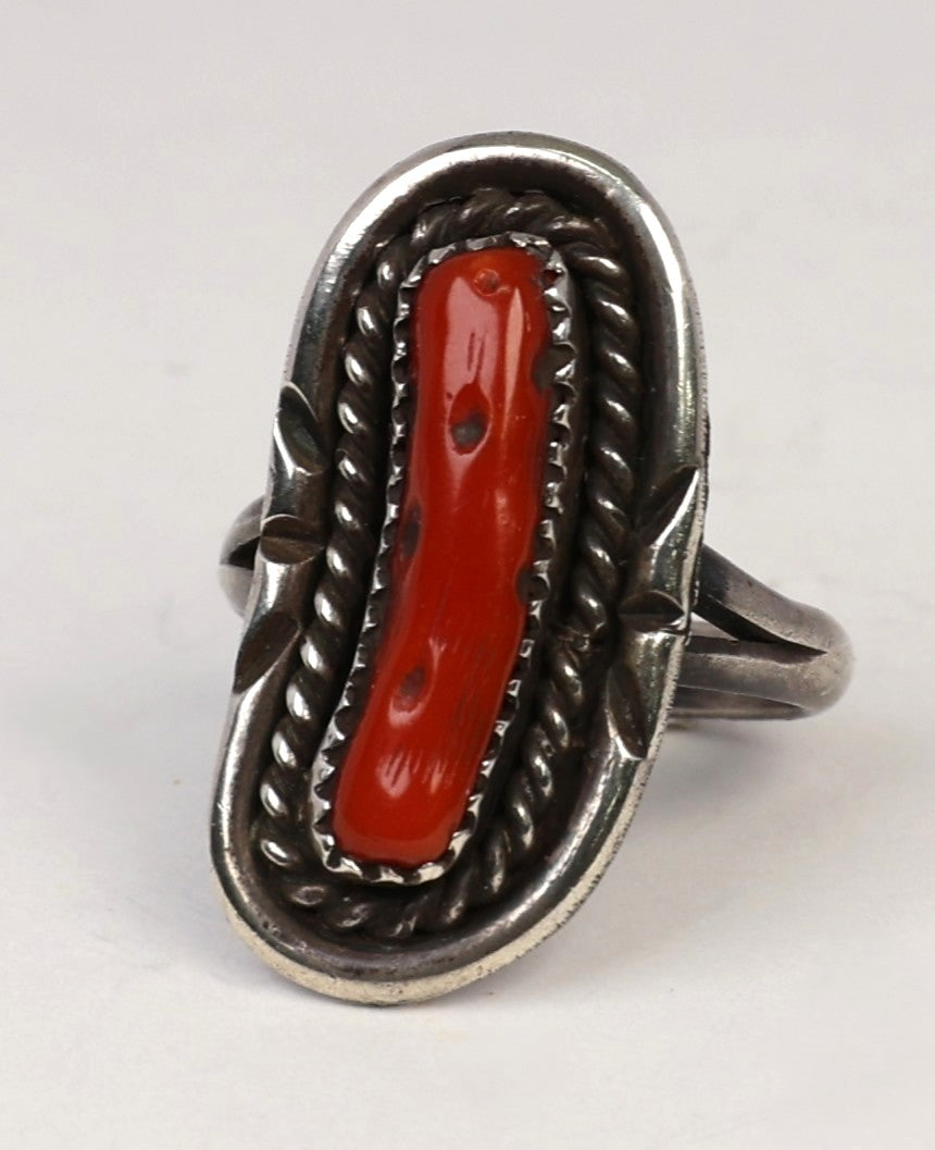 Navajo Sterling Silver Ring with 1 Long Oval Coral Setting