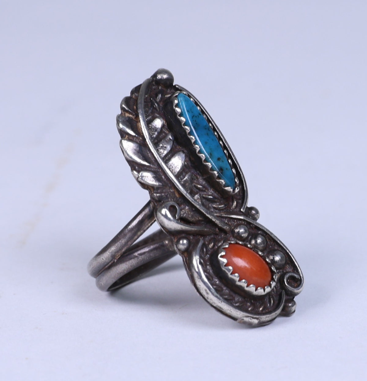 Navajo Sterling Silver Ring With Turquoise and Coral Settings