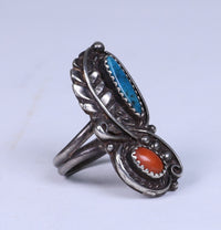 Navajo Sterling Silver Ring With Turquoise and Coral Settings
