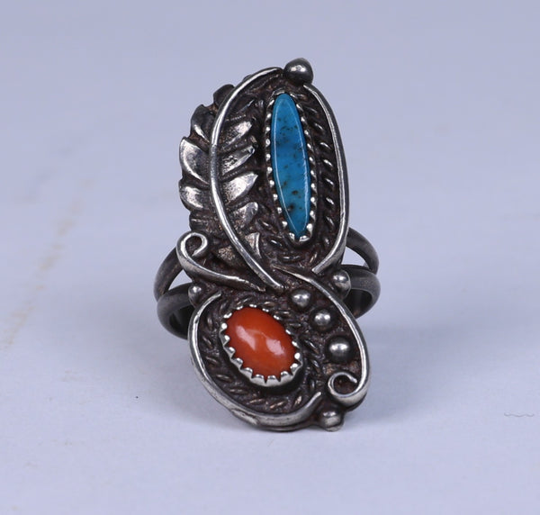 Navajo Sterling Silver Ring With Turquoise and Coral Settings