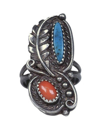 Navajo Sterling Silver With Turquoise and Coral Ring