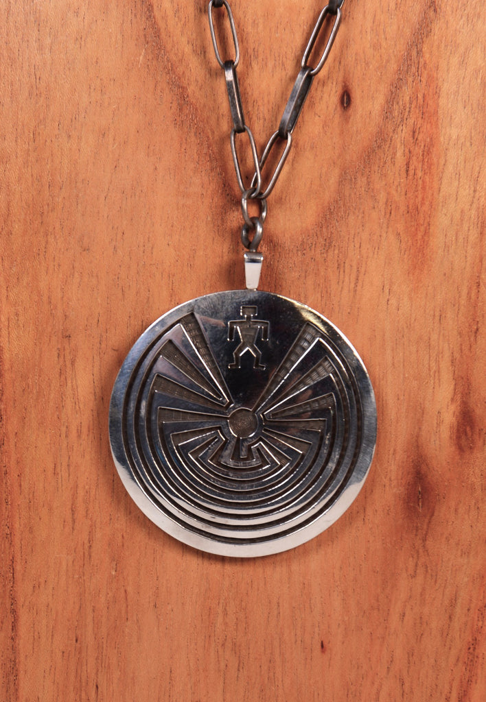 Hopi Pueblo Double Sided Silver Overlay Pendant Necklace