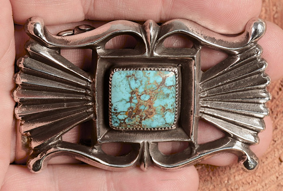 Tom DeWitt Sand Cast Sterling Silver Belt and Turquoise Buckle - Navajo style