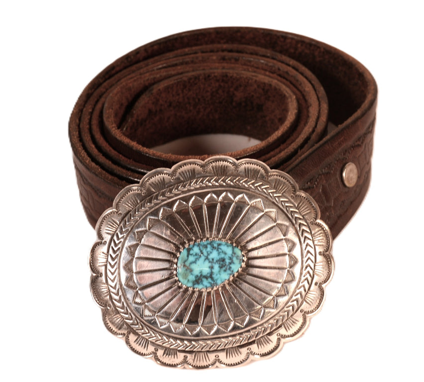Navajo Sterling Silver & Turquoise Shadowbox Buckle By A. Lewis