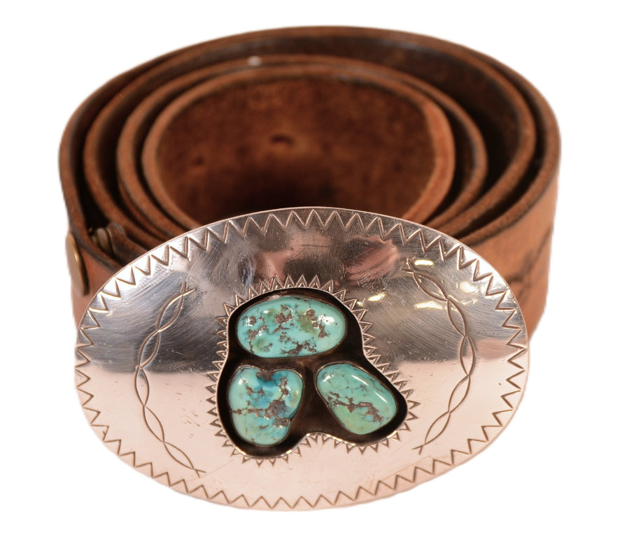 Navajo Leather Belt with Sterling Silver and Turquoise Buckle