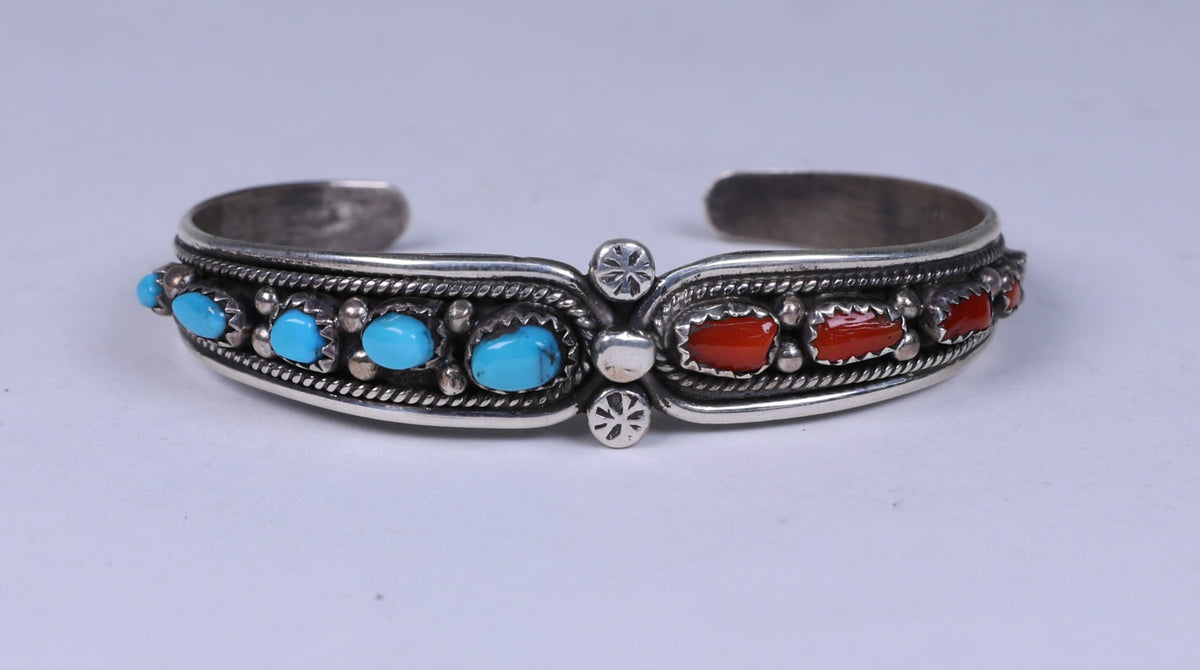 Navajo Sterling Silver with Coral and Turquoise Bracelet