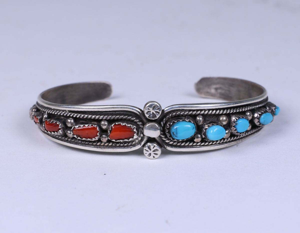 Navajo Sterling Silver with Coral and Turquoise Bracelet