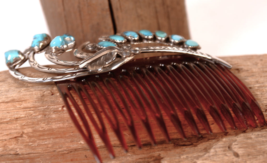 Zuni Pueblo Sterling Silver and Turquoise Red Hair Comb By Dan Simplicio