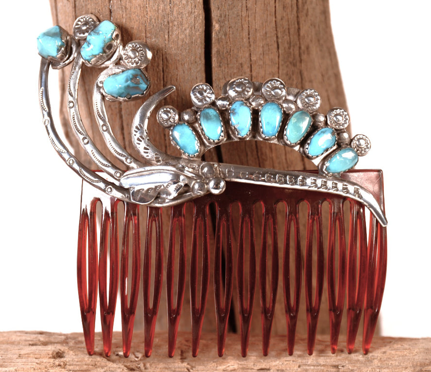 Zuni Pueblo Sterling Silver and Turquoise Red Hair Comb By Dan Simplicio