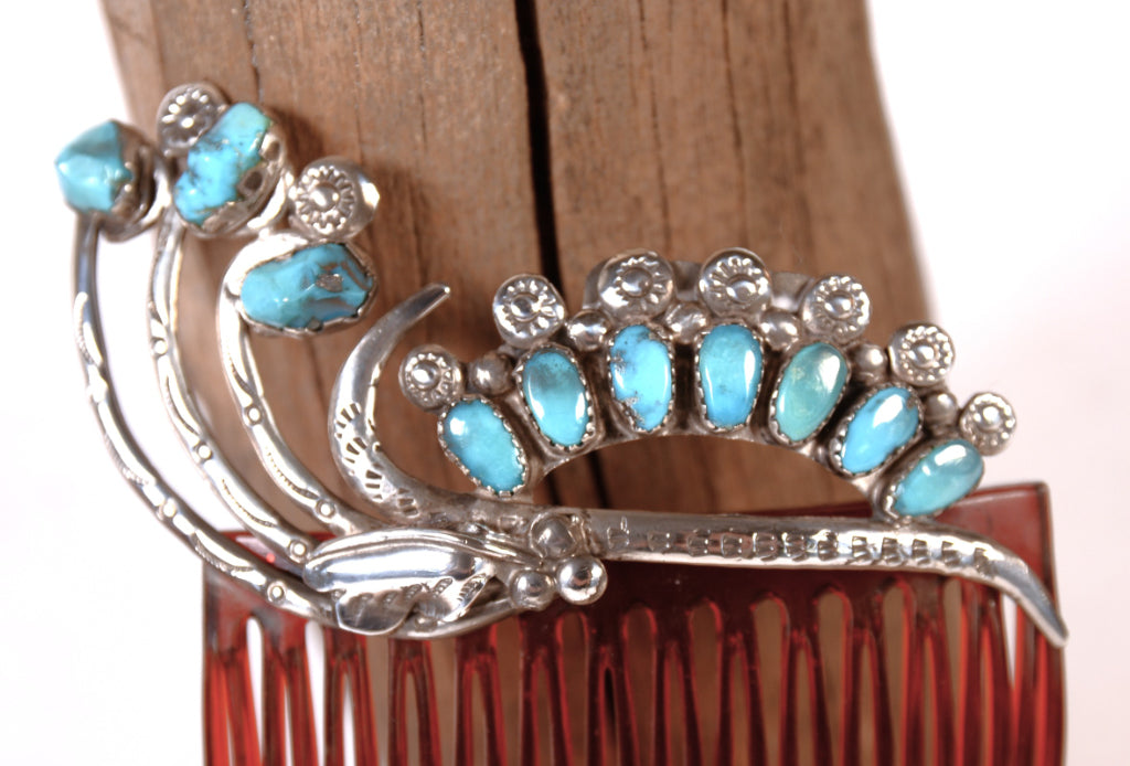 Zuni Pueblo Sterling Silver and Turquoise Red Hair Comb By Dan Simplicio