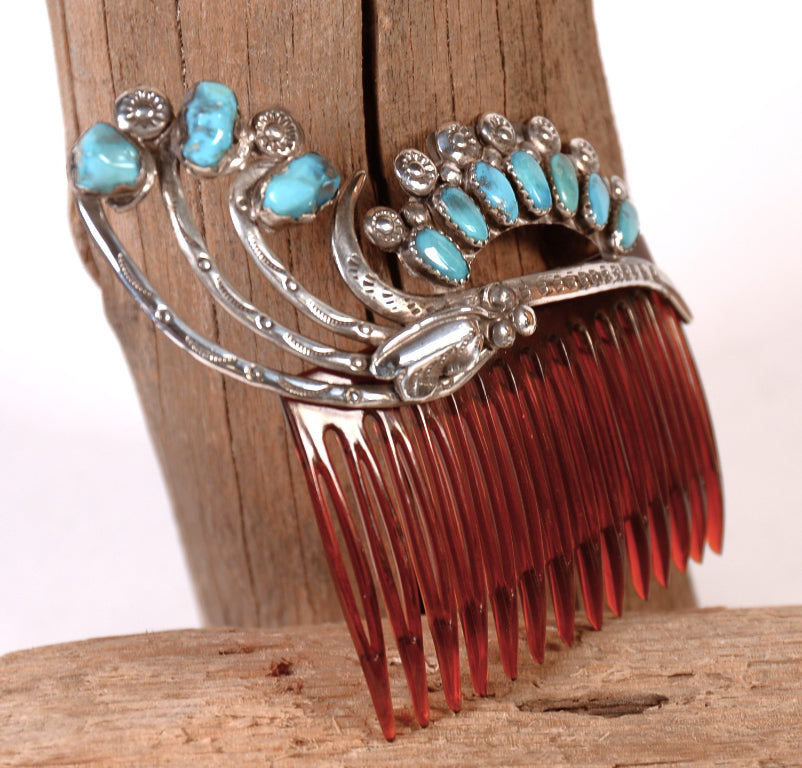 Zuni Pueblo Sterling Silver and Turquoise Red Hair Comb By Dan Simplicio