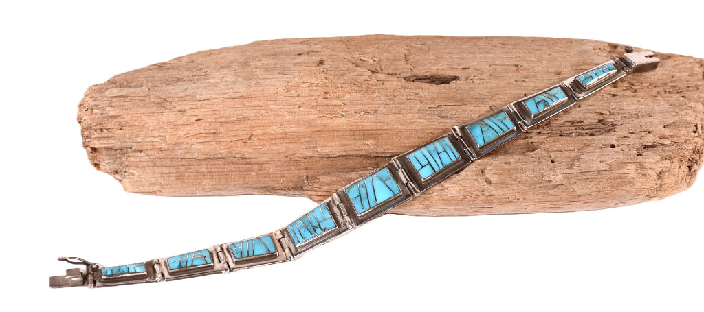 Zuni Pueblo Sterling Silver and Turquoise Link Bracelet By RL
