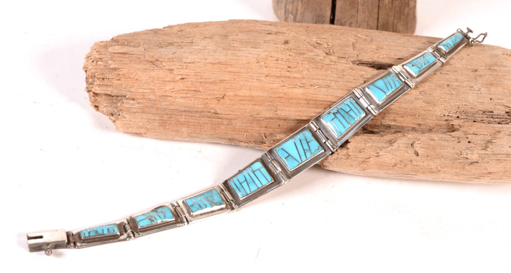 Zuni Pueblo Sterling Silver and Turquoise Link Bracelet By RL