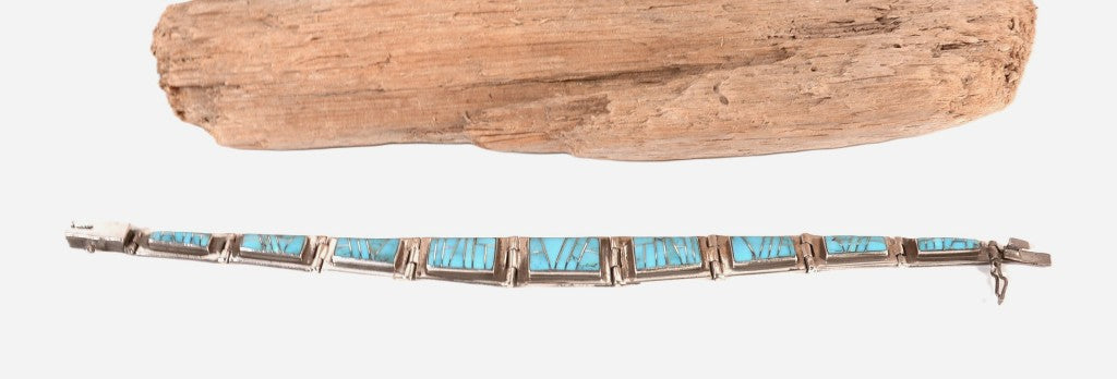 Zuni Pueblo Sterling Silver and Turquoise Link Bracelet By RL
