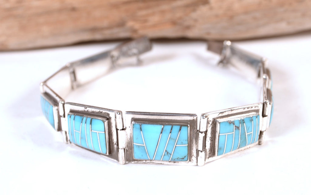 Zuni Pueblo Sterling Silver and Turquoise Link Bracelet By RL