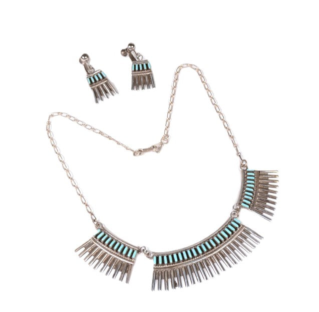 Zuni Pueblo Necklace and Screwback Earring Set By Joan Hattis
