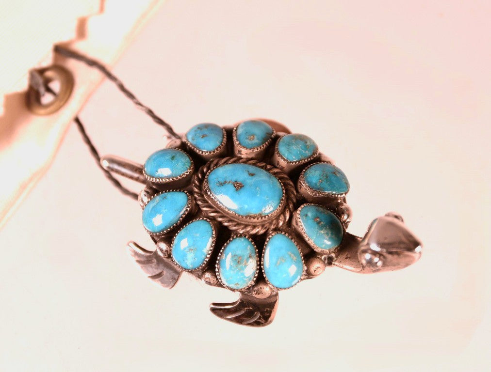 Zuni Pueblo Sterling Silver & Turquoise Tortoise Pin By Lee & Mary Weebothie