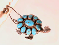 Zuni Pueblo Sterling Silver & Turquoise Tortoise Pin By Lee & Mary Weebothie