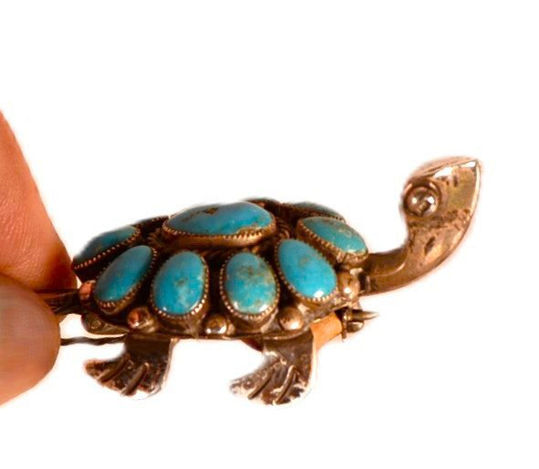 Zuni Pueblo Sterling Silver & Turquoise Tortoise Pin By Lee & Mary Weebothie