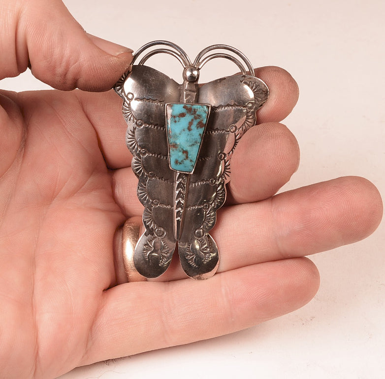 Navajo Sterling Silver and Bisbee Turquoise Butterfly Pin