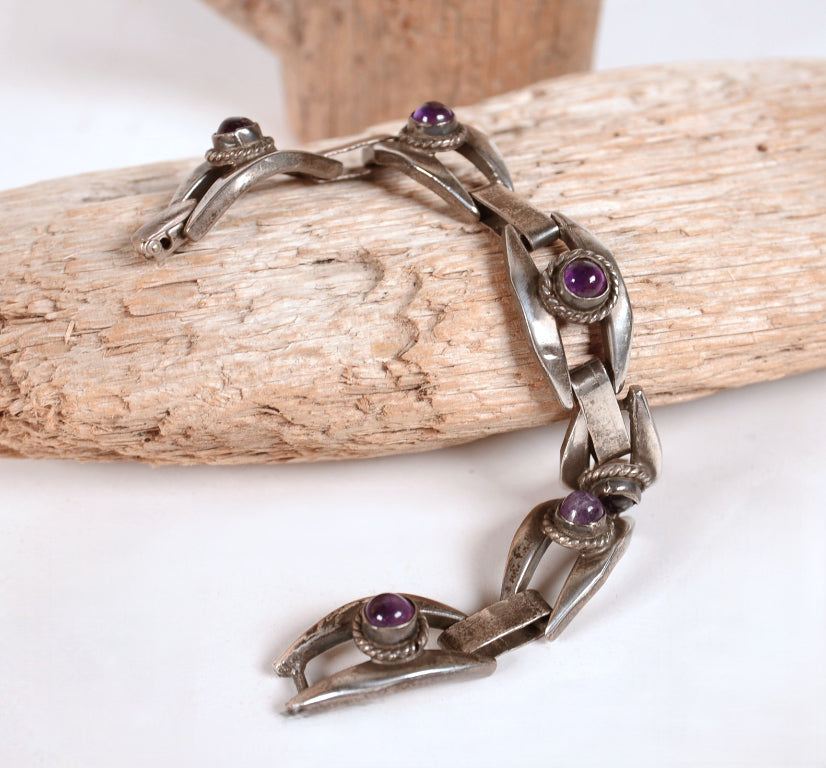 Taxco Sterling Silver Amethyst Link Bracelet
