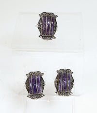 Mexican Taxco Silver Screwback Amethyst Earrings and Matching Ring Set