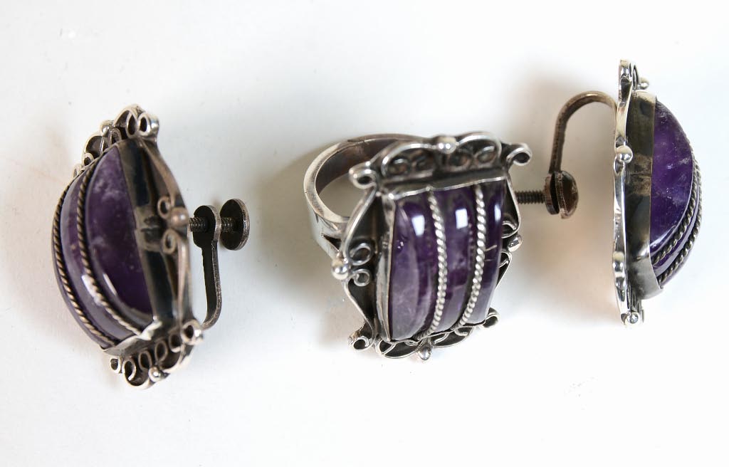 Mexican Taxco Silver Screwback Amethyst Earrings and Matching Ring Set