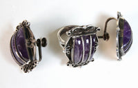 Mexican Taxco Silver Screwback Amethyst Earrings and Matching Ring Set