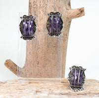 Mexican Taxco Silver Screwback Amethyst Earrings and Matching Ring Set