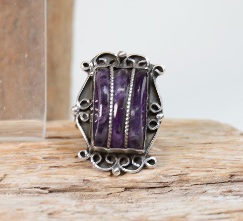 Mexican Taxco Silver Screwback Amethyst Earrings and Matching Ring Set