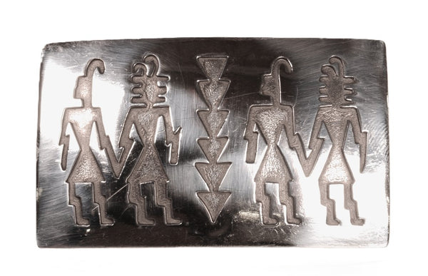 Hopi Pueblo Sterling Silver Overlay Belt Buckle with Four Figures