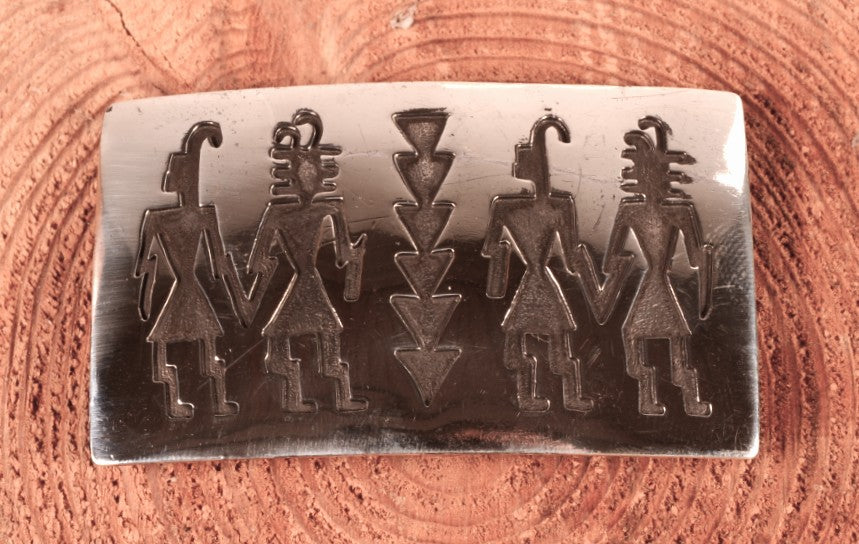 Hopi Pueblo Sterling Silver Overlay Belt Buckle with Four Figures